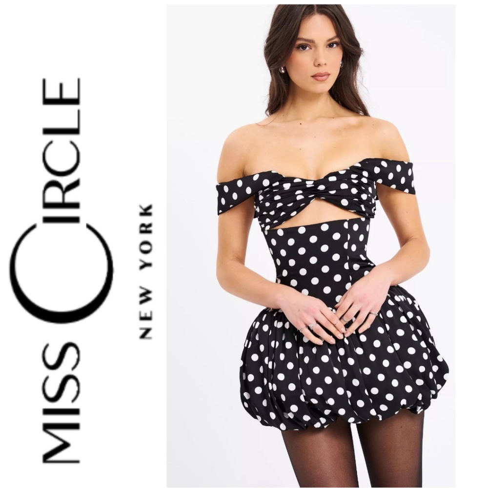 Miss Circle Black & White Polka Dot Off-Shoulder Mini Dress